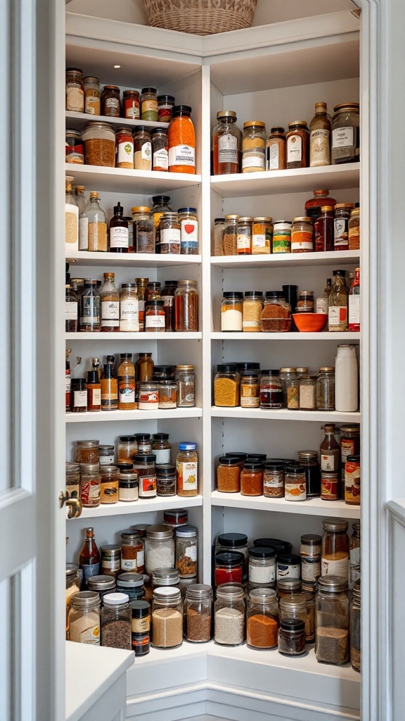 A well-organized corner pantry with multiple shelves filled with jars and containers.