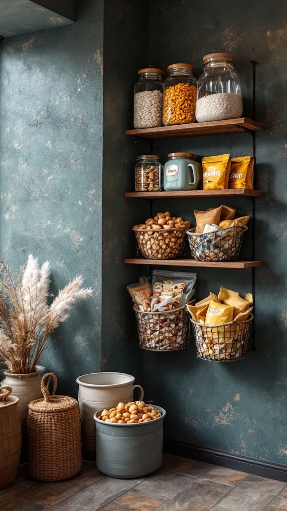 Stylish wall-mounted baskets filled with bulk food items in a modern kitchen.